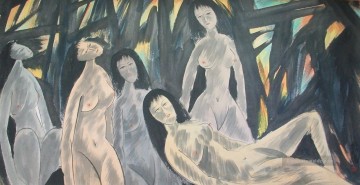 Fünf nackte Damen alte China Tinte Ölgemälde